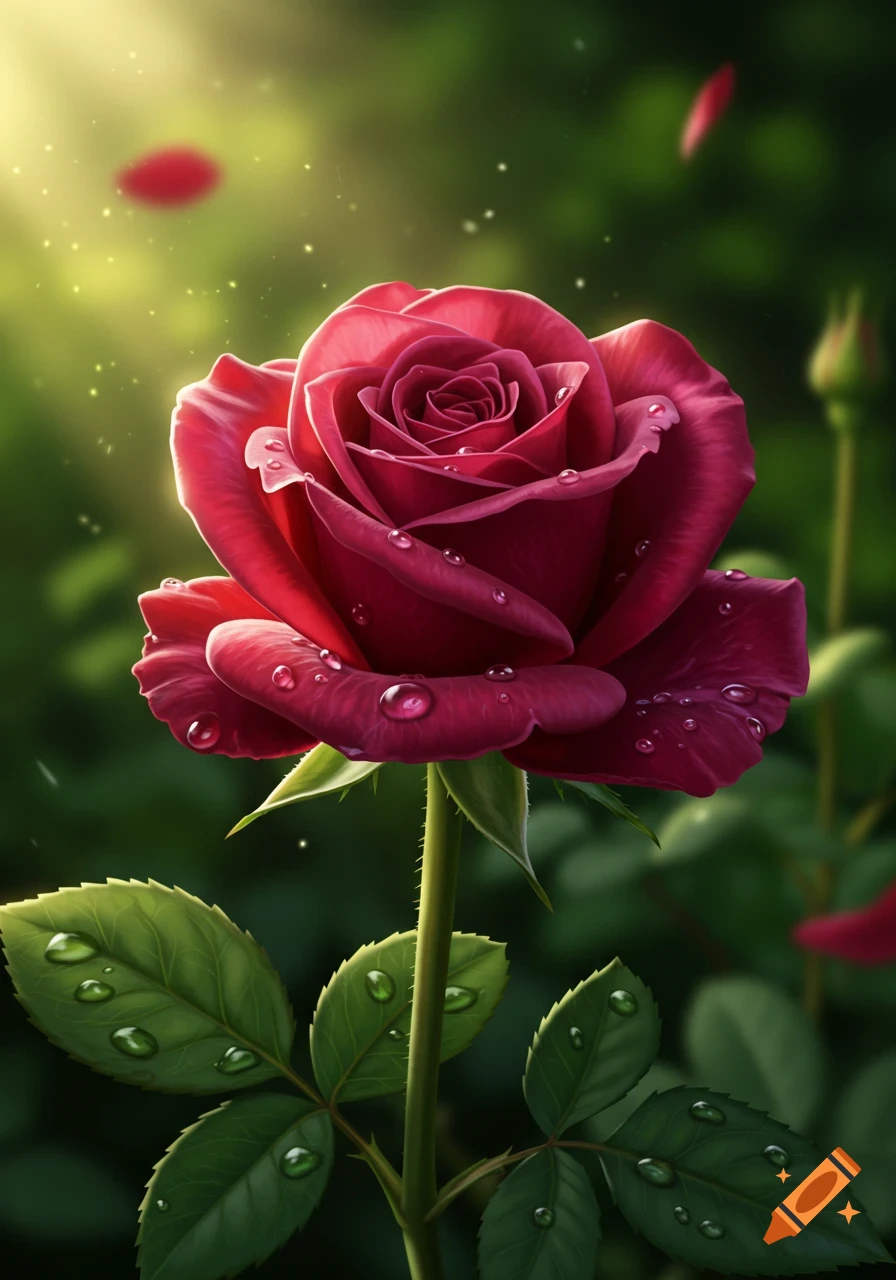 Close-up of a vibrant red rose with dew drops and sparkling light against a soft green background, photorealistic style.