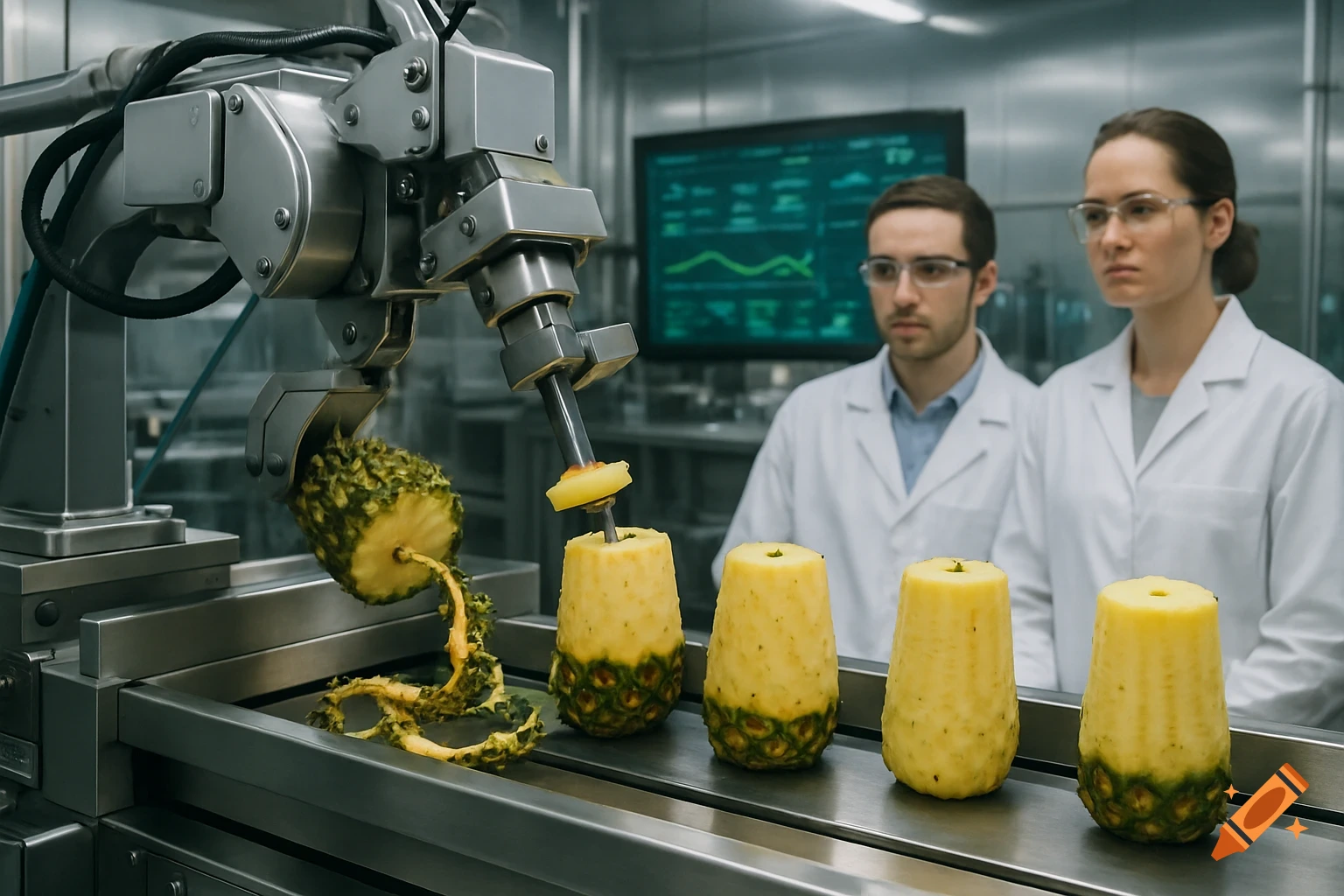 A robotic arm peels pineapples on an assembly line while two scientists in lab coats observe in a sterile lab.