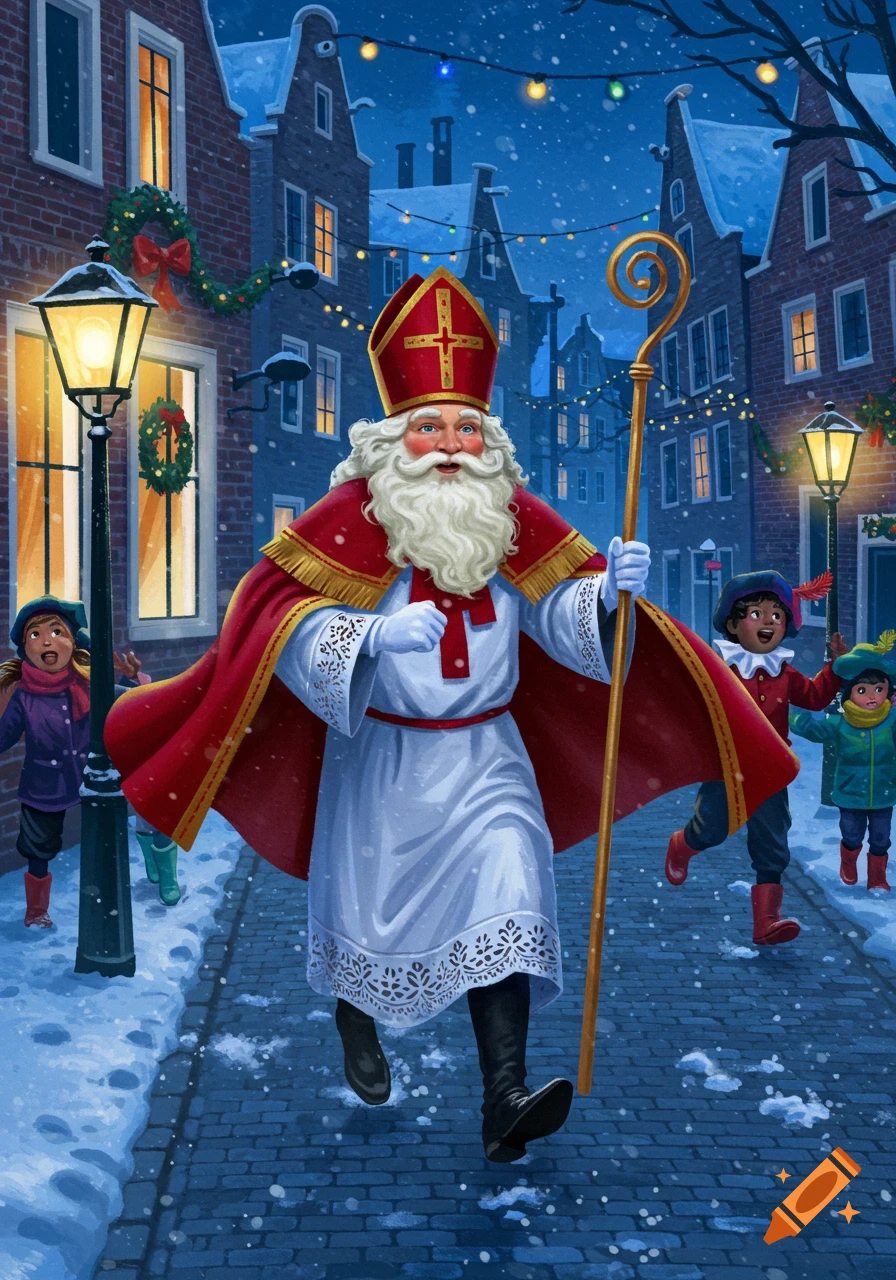 Sinterklaas runs down a snowy street with children, festive lights illuminating the European-style buildings in an illustration.