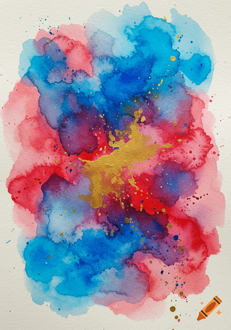 Abstract watercolor painting with vibrant red and blue color splashes and gold paint splatters on a white background.