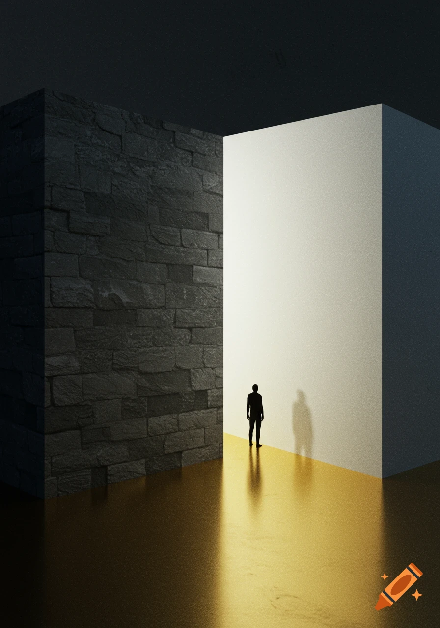 A human silhouette stands on a gold path between a dark stone wall and a bright white wall in an abstract, minimalist scene.