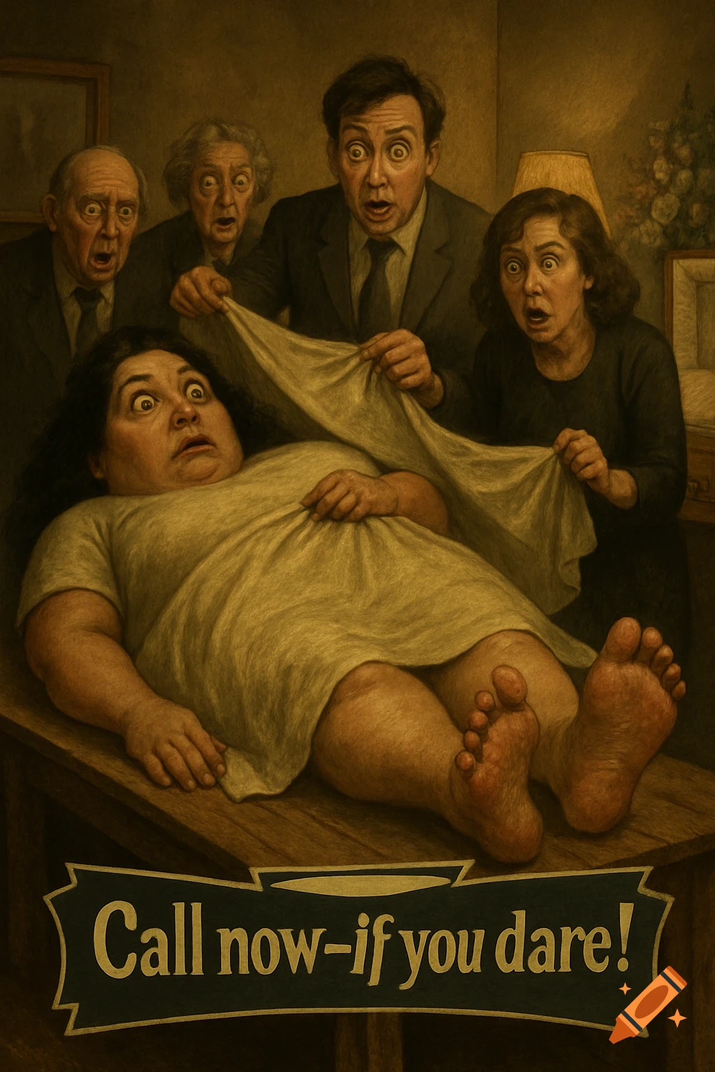 A plus-size woman with wide eyes lies on a wooden platform, surrounded by five shocked mourners. Text reads 'Call now —if you dare!'. Darkly lit, surreal horror style.