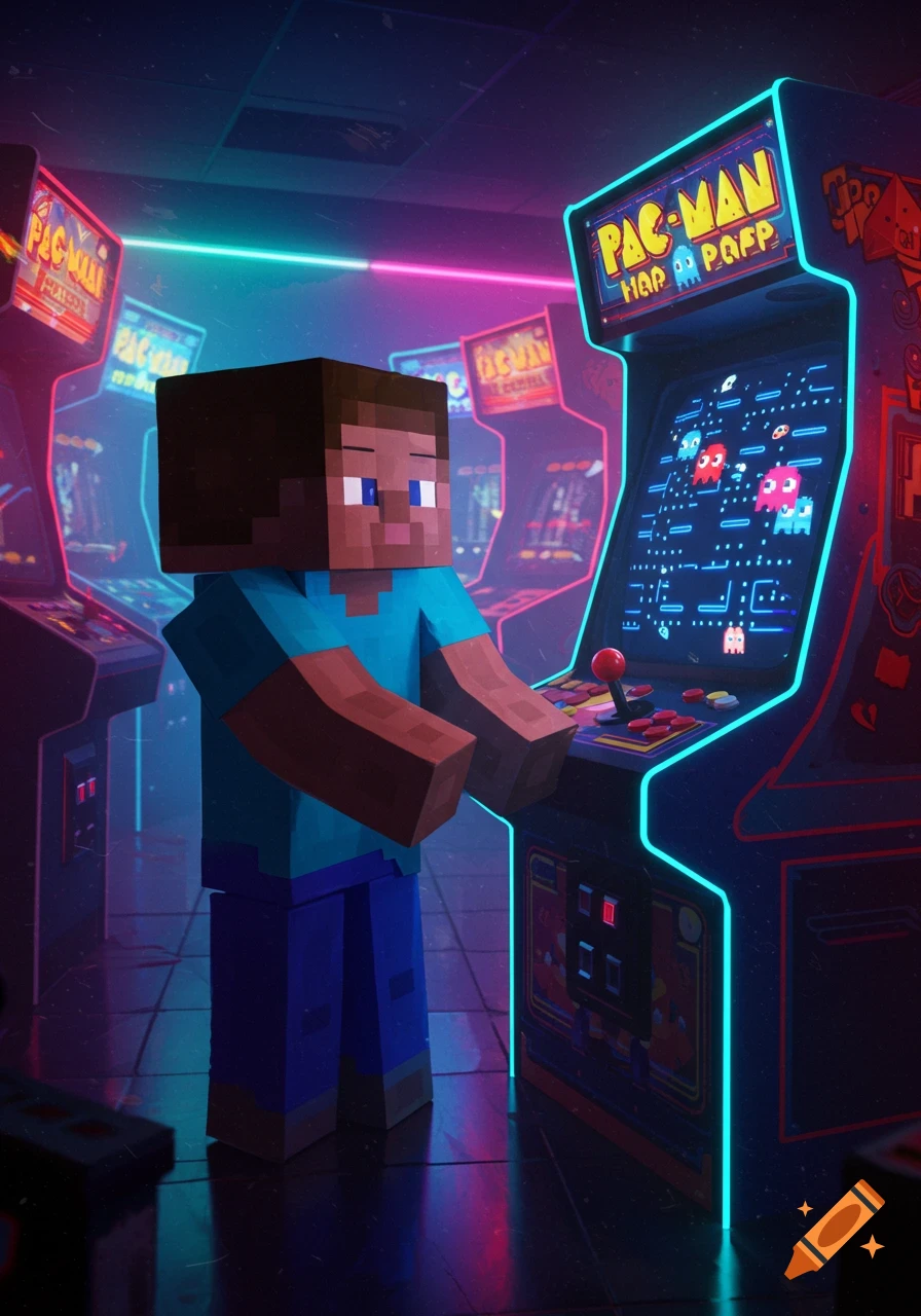 Minecraft Steve plays Pac-Man in a neon-lit 90s arcade, filled with glowing cabinets.