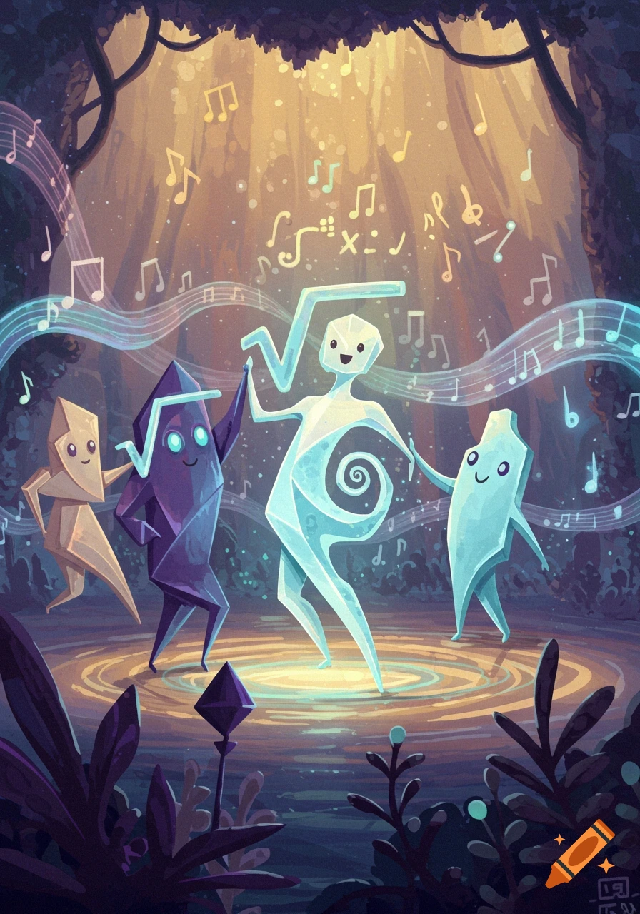 Four whimsical, crystal-like forest spirits dance in a sunlit clearing, surrounded by glowing musical notes and symbols. Digital art.
