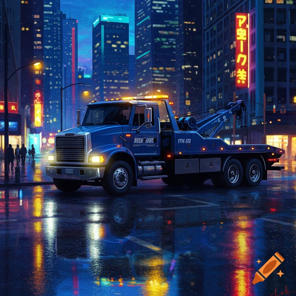 A blue flatbed tow truck is parked on a wet street at night in a city with illuminated skyscrapers and neon signs, reflecting in puddles.