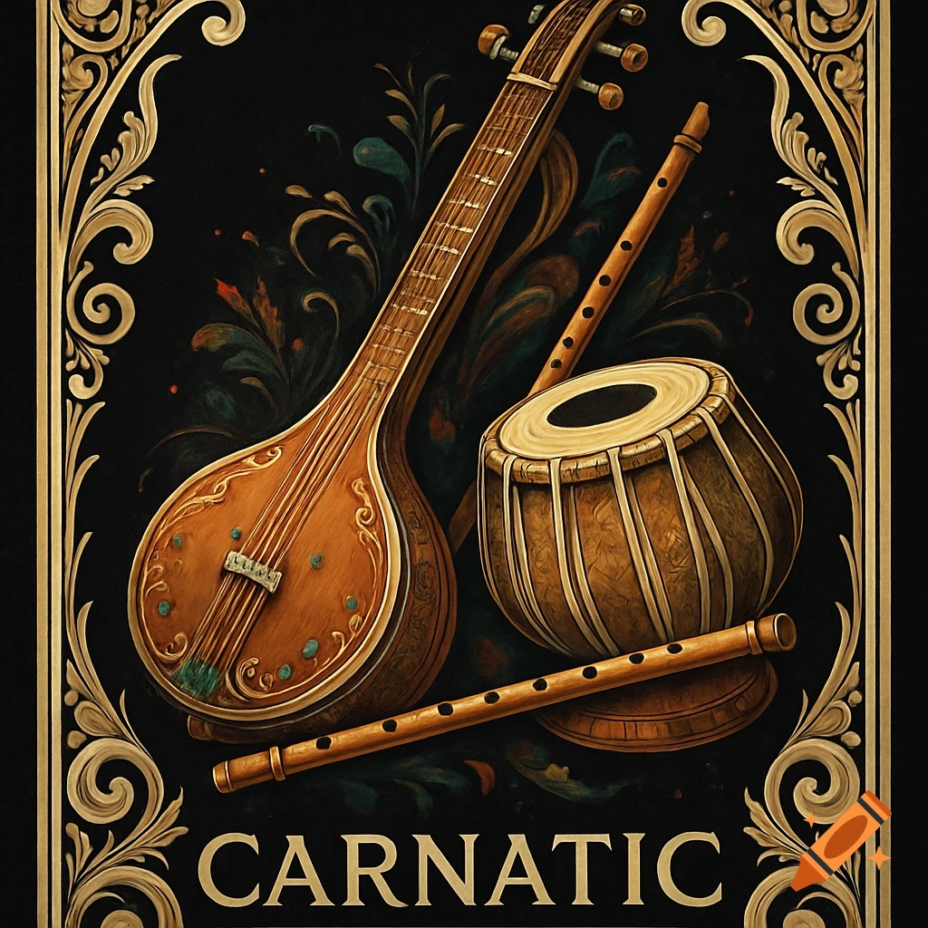 A stylized poster of a Sitar, Tabla drum, and flutes with ornate gold borders on a black background. Text 'CARNATIC' at the bottom.