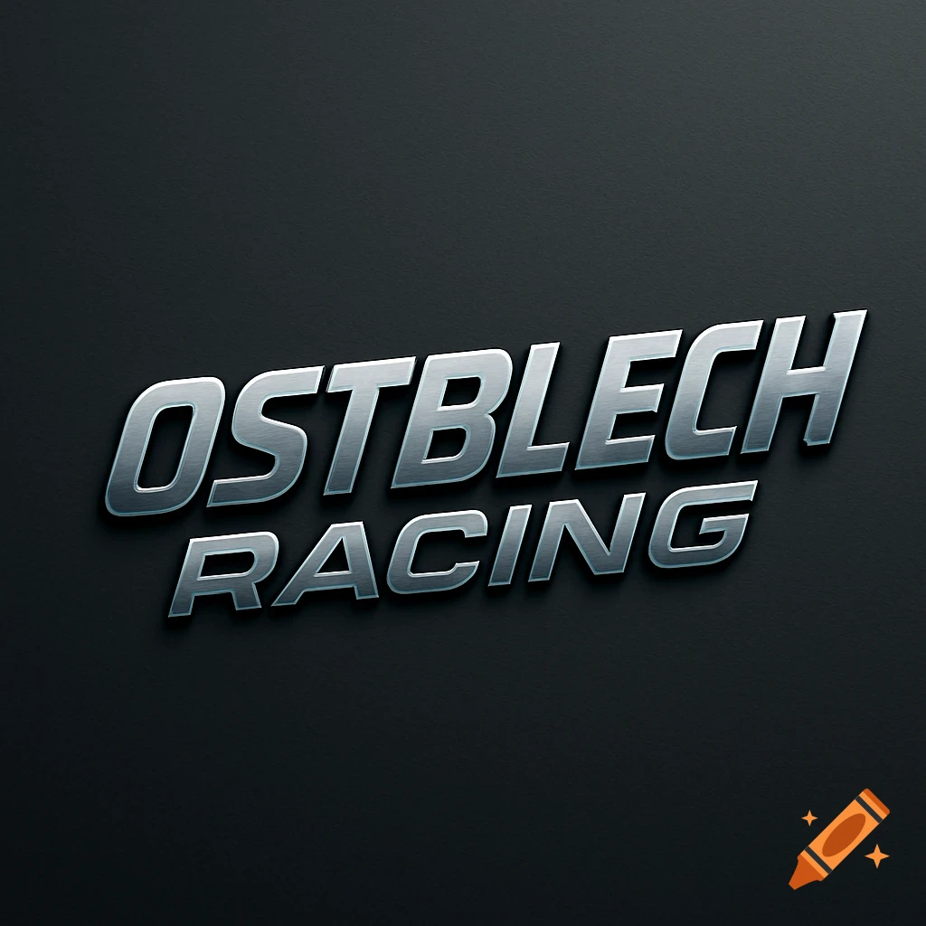 Metallic silver 'OSTBLECH RACING' logo with a slight tilt on a dark, textured background.