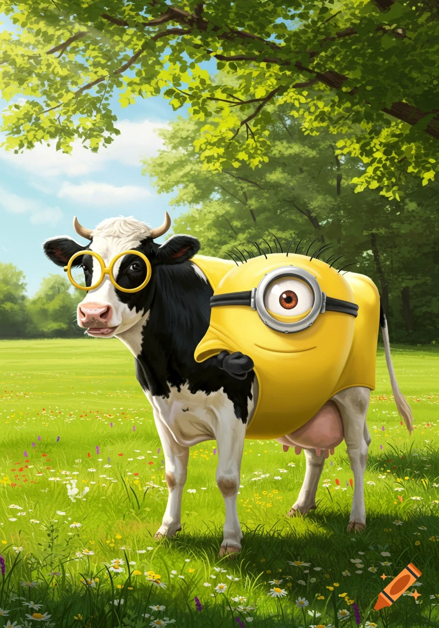 A black and white cow wearing a yellow Minion costume and goggles stands in a sunny, grassy field.