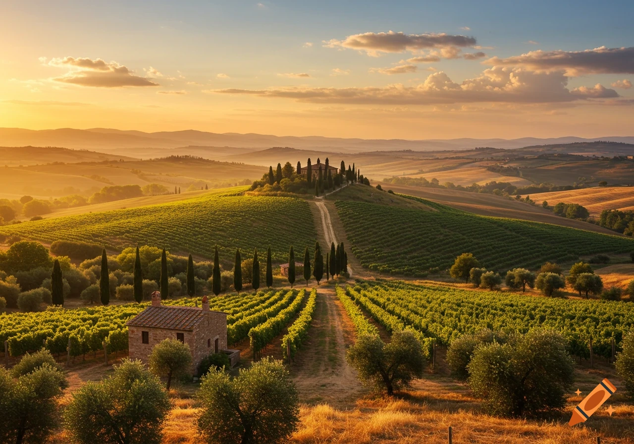 Photorealistic landscape of rolling Tuscan hills with vineyards, cypress trees, and farmhouses under a golden sunset.