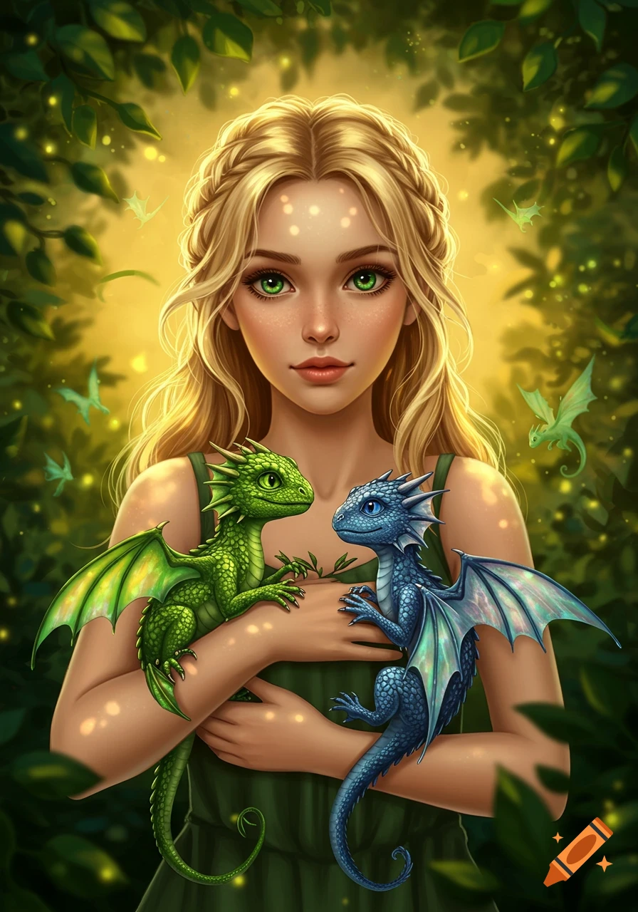 A young woman with green eyes and blonde braided hair holds a green and a blue baby dragon in a magical forest setting.