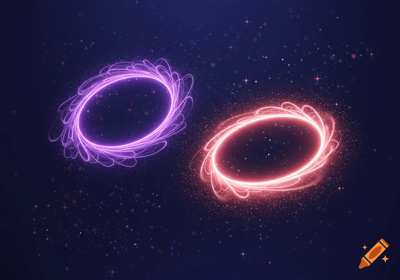 Two glowing elliptical auras, one purple and one pink, against a starry dark blue background.