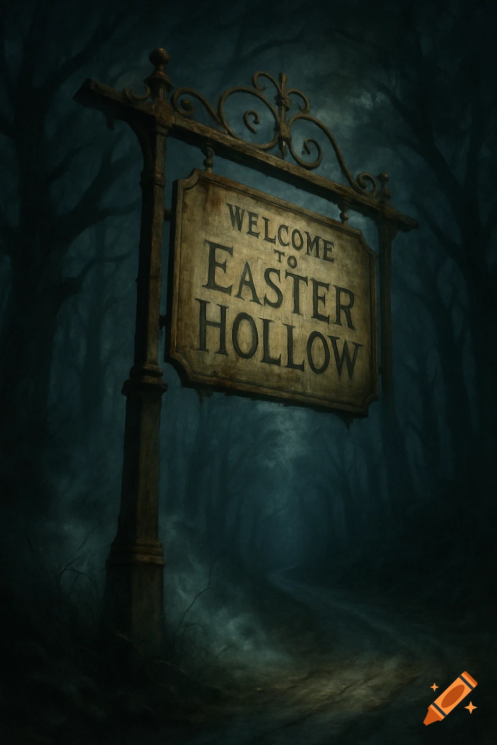Antique, ornate road sign reading 'WELCOME TO EASTER HOLLOW' in a dark, ominous forest with a winding dirt road.