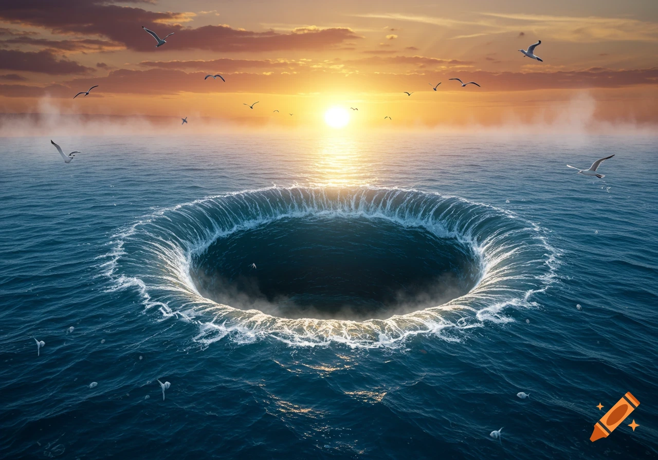 A massive circular hole in the middle of a vast blue ocean at sunset, surrounded by swirling waves and flying seagulls.