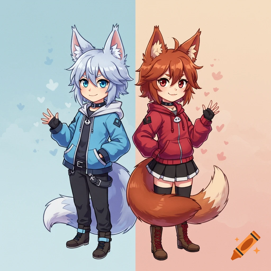 Anime illustration of two kemonomimi characters, one with silver hair and white tail in blue, and one with brown hair and tail in red.