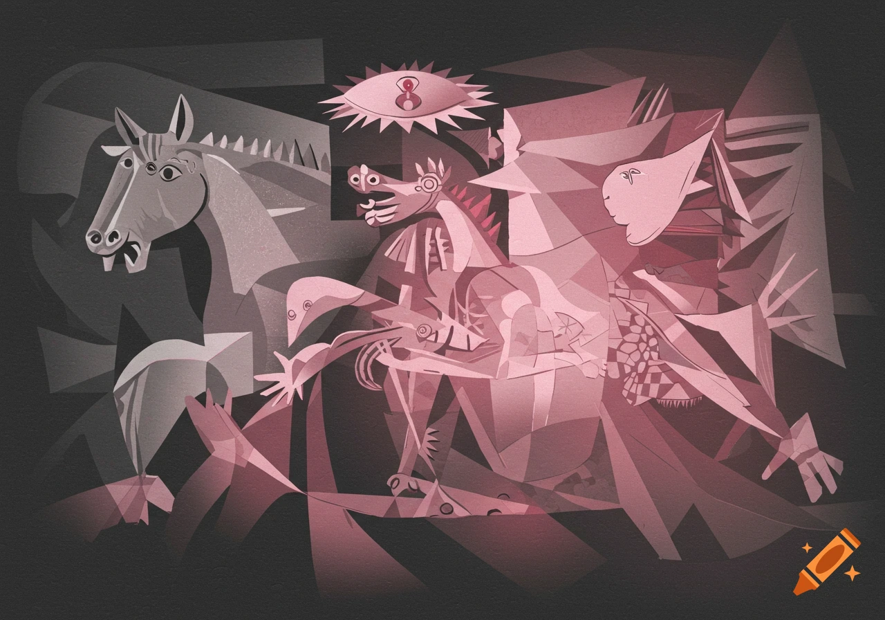 Cubist-style dark painting featuring distorted figures of a horse and people in grey and pink, reminiscent of Guernica.