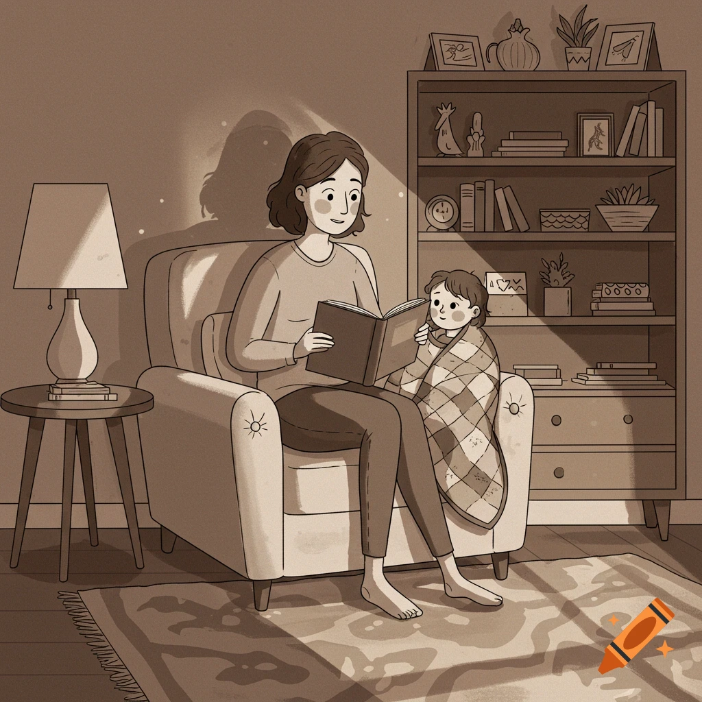 New Yorker-style cartoon of a mom reading a book to a child wrapped in a blanket in a cozy living room.