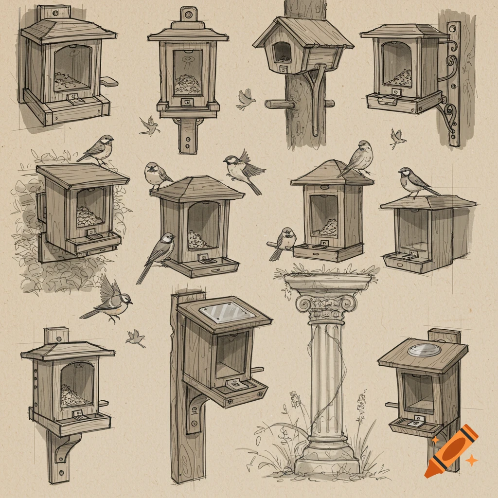 Hand-drawn sketches of various bird feeder designs, some with small birds, on a neutral background.