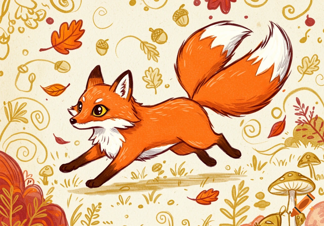 A whimsical cartoon illustration of an orange fox running amidst autumn leaves and acorns on a light background.