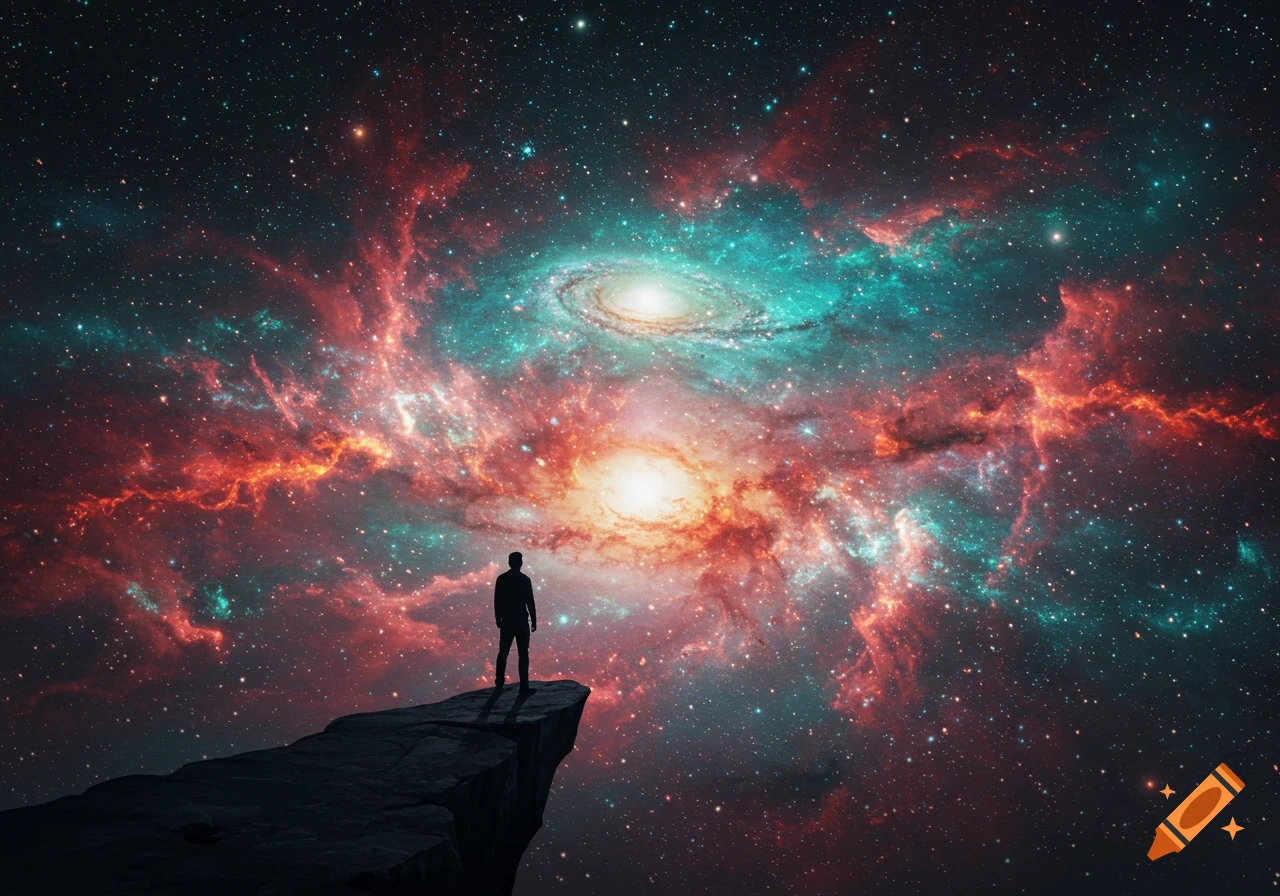 A lone man in silhouette stands on a cliff edge, gazing at a vibrant, swirling galaxy and colorful nebulas in the vast cosmos.