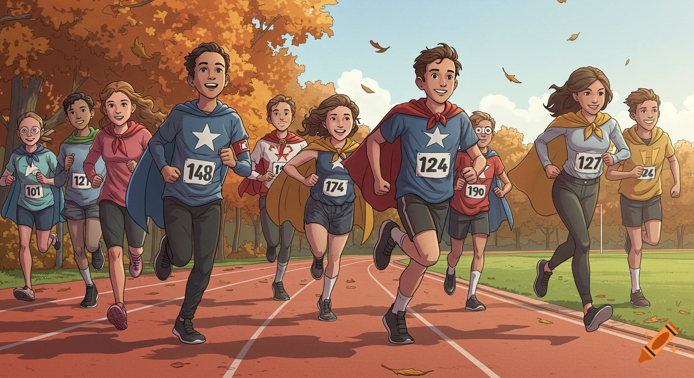 A group of diverse children and young adults dressed as superheroes run a cross-country race on an outdoor track in autumn.