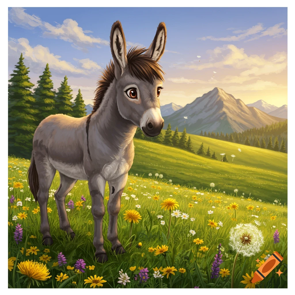 Cartoon digital illustration of a gray donkey standing in a sunny meadow filled with colorful wildflowers, with mountains and pine trees in the background.