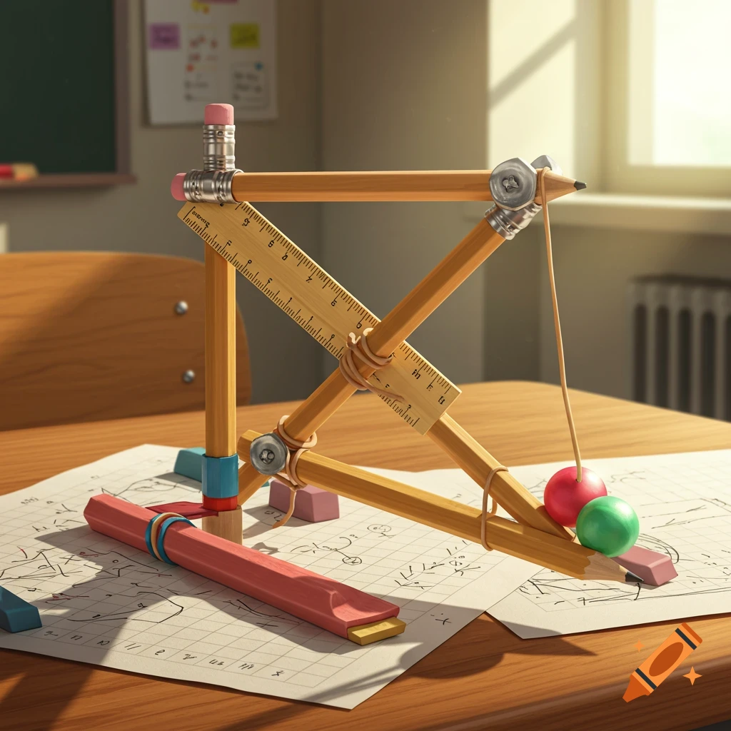A miniature catapult crafted from school supplies like pencils, rulers, and erasers, ready to launch a red and green ball on a classroom desk. Photorealistic style.