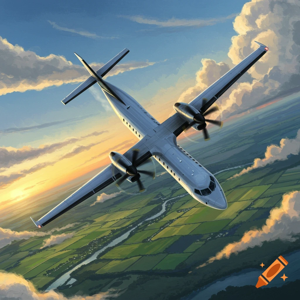 A gray turboprop airplane flies upside down over green fields and a winding river at sunset, in an illustrative style.