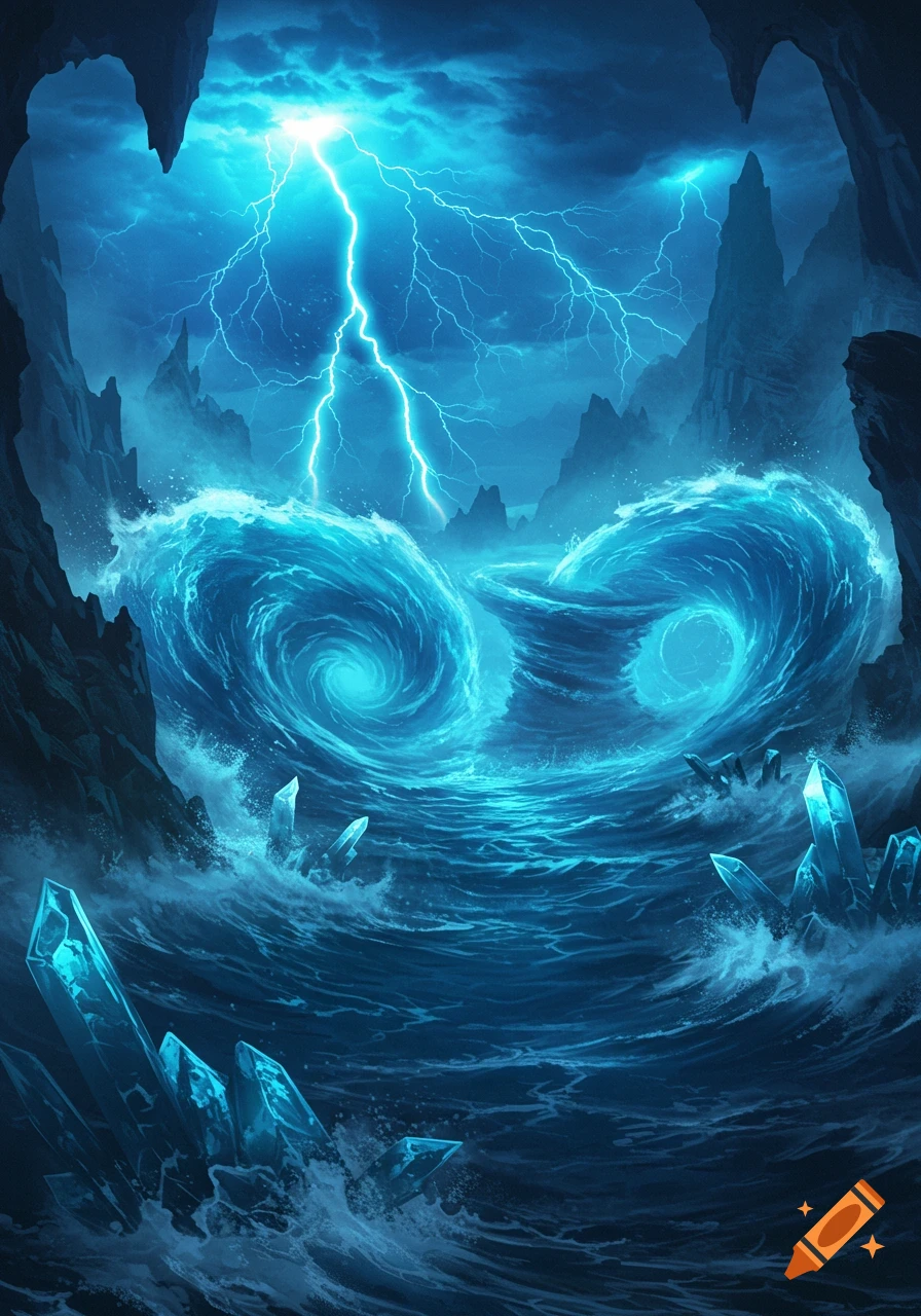 Fantasy art of a stormy blue ocean with swirling waves, lightning strikes, and jagged crystal formations within a dark cave.