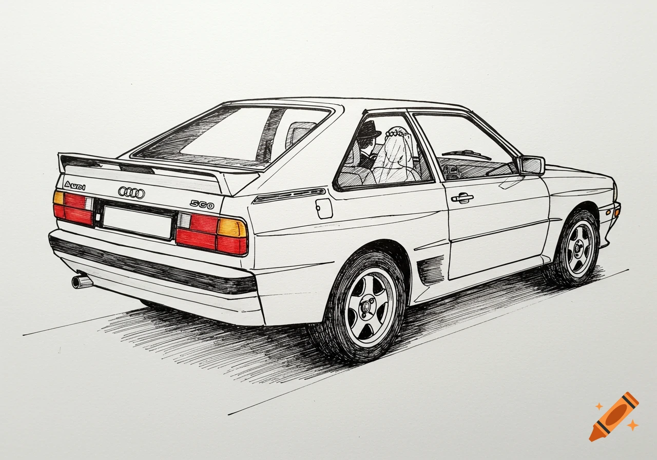 Black line art drawing of a white 1980s Audi Quattro with a bride and groom inside, viewed from the rear passenger side.
