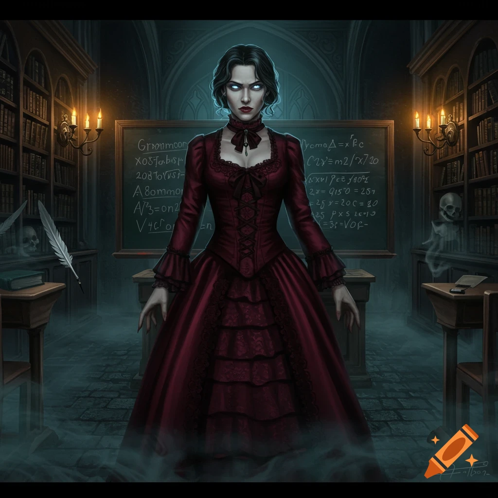 A pale woman with glowing eyes in a red Victorian dress stands in a dark gothic library with a blackboard.
