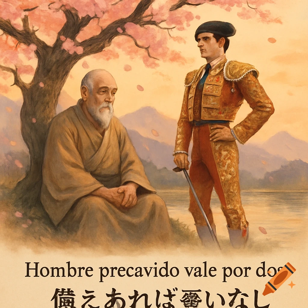 An old, bearded man in robes sits under a cherry blossom tree, looking towards a matador in an ornate gold and red suit holding a sword. Mountains and water are in the background.