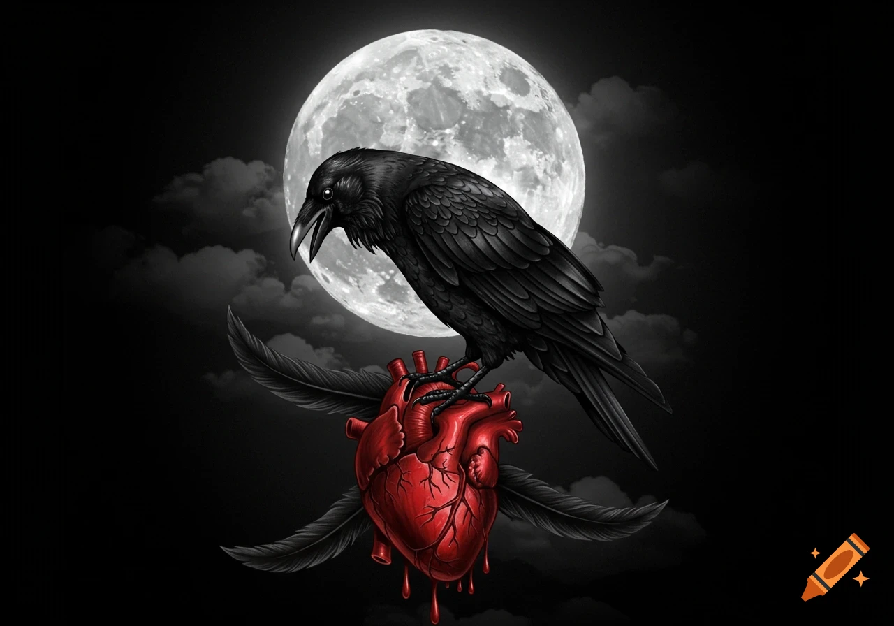 A stylized black raven stands on a red bleeding heart under a full moon in a dark, gothic art style.