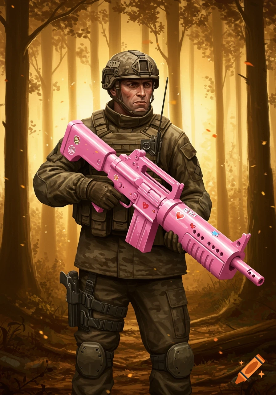 A digitally illustrated soldier in camouflage holds a bright pink toy rifle adorned with stickers, standing in a golden forest.