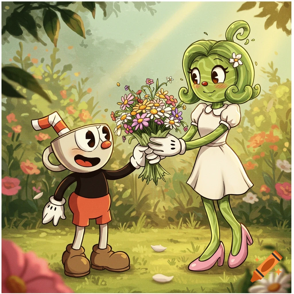 Cartoon Cuphead gives a bouquet of wildflowers to a blushing anthropomorphic green tea girl in a lush garden.