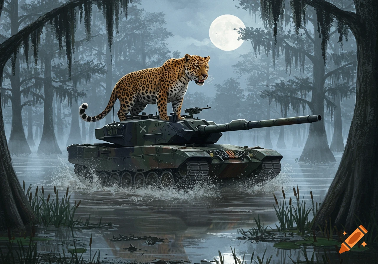 A fierce leopard stands atop a military tank moving through a moonlit swamp.