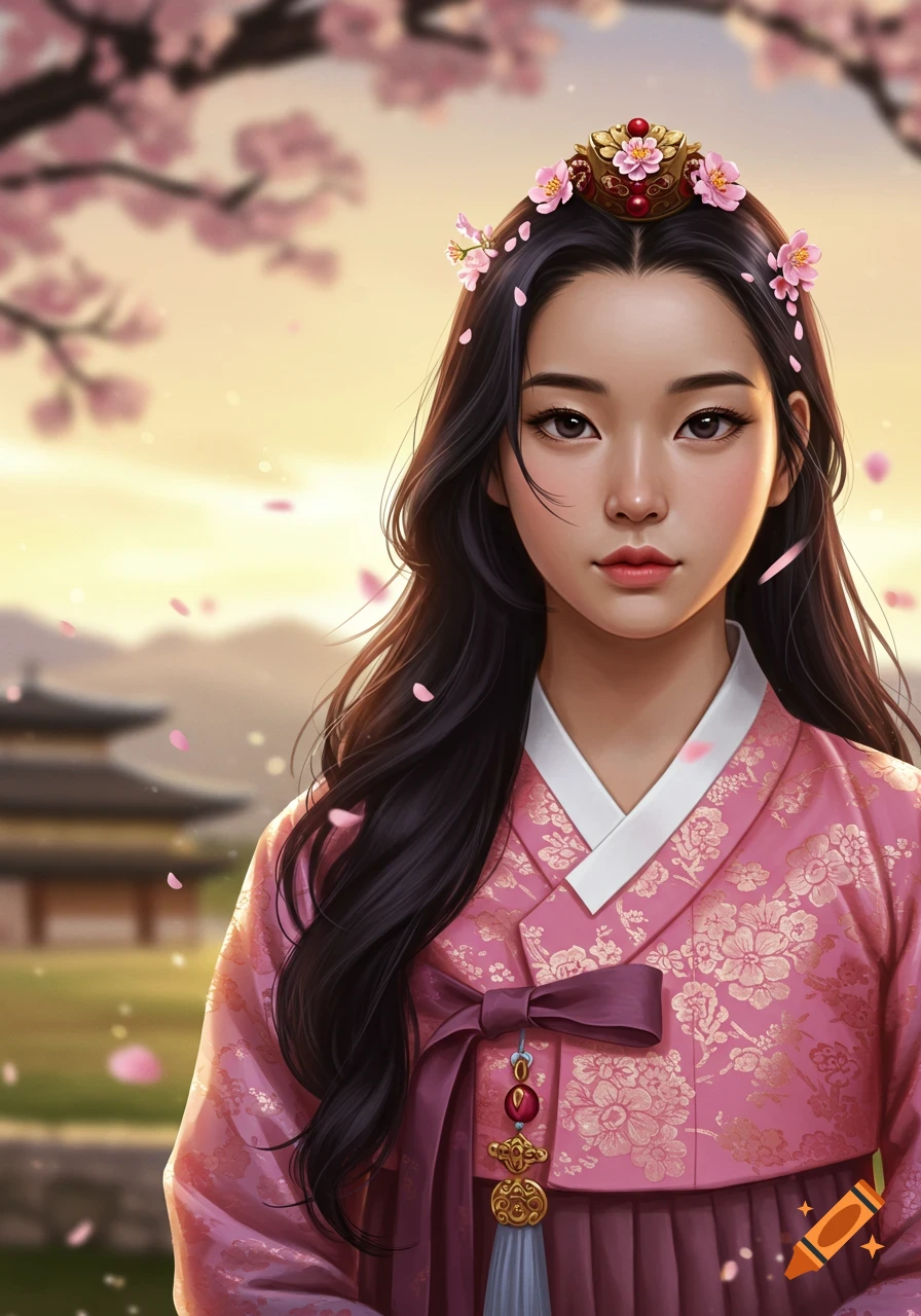 Stylized portrait of a young woman in a pink hanbok, floral headpiece, and long dark hair, with cherry blossoms and a traditional Korean building.