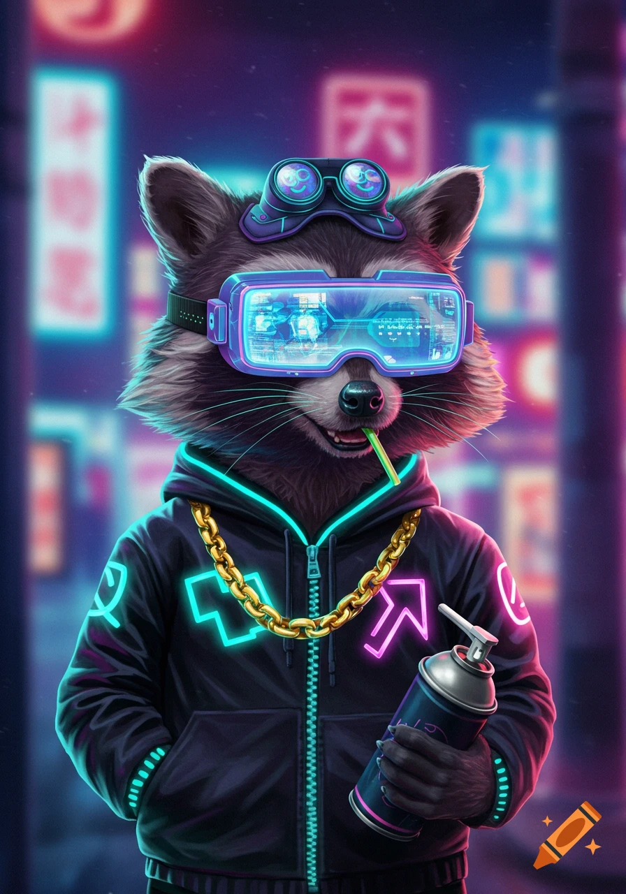 A cyberpunk raccoon wears VR goggles, a neon hoodie, and a gold chain, holding a spray paint can in a neon-lit street.