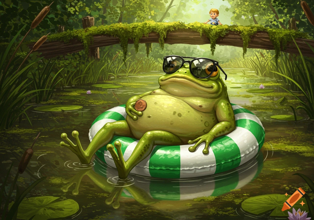 A cartoon frog wearing sunglasses floats on a striped inner tube in a swamp, holding a coin, while a boy watches from a bridge.