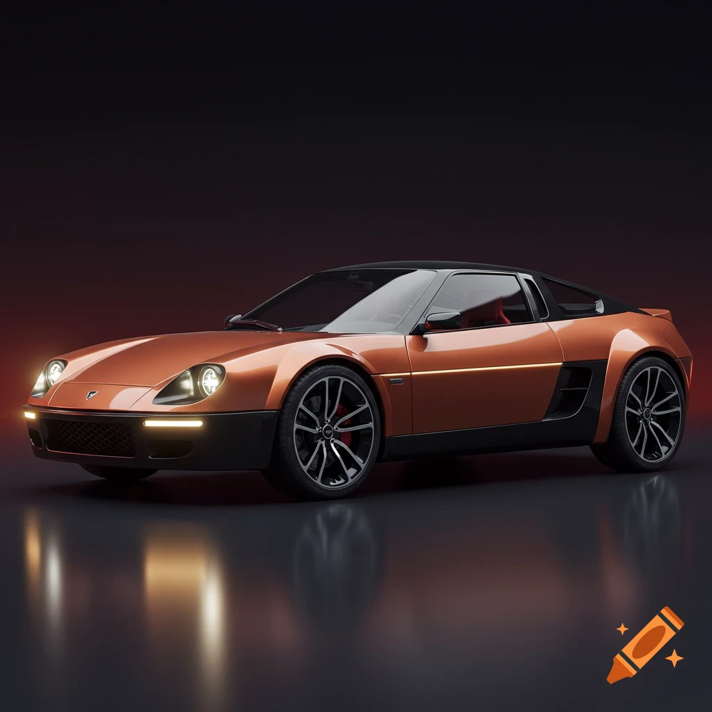 Sleek copper and black restomod sports car with modern LED lights and wheels, parked on a reflective dark surface.