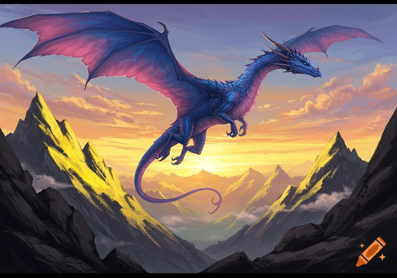 A blue and pink dragon flies with outstretched wings over yellow and black mountains at sunset, under an orange sky.