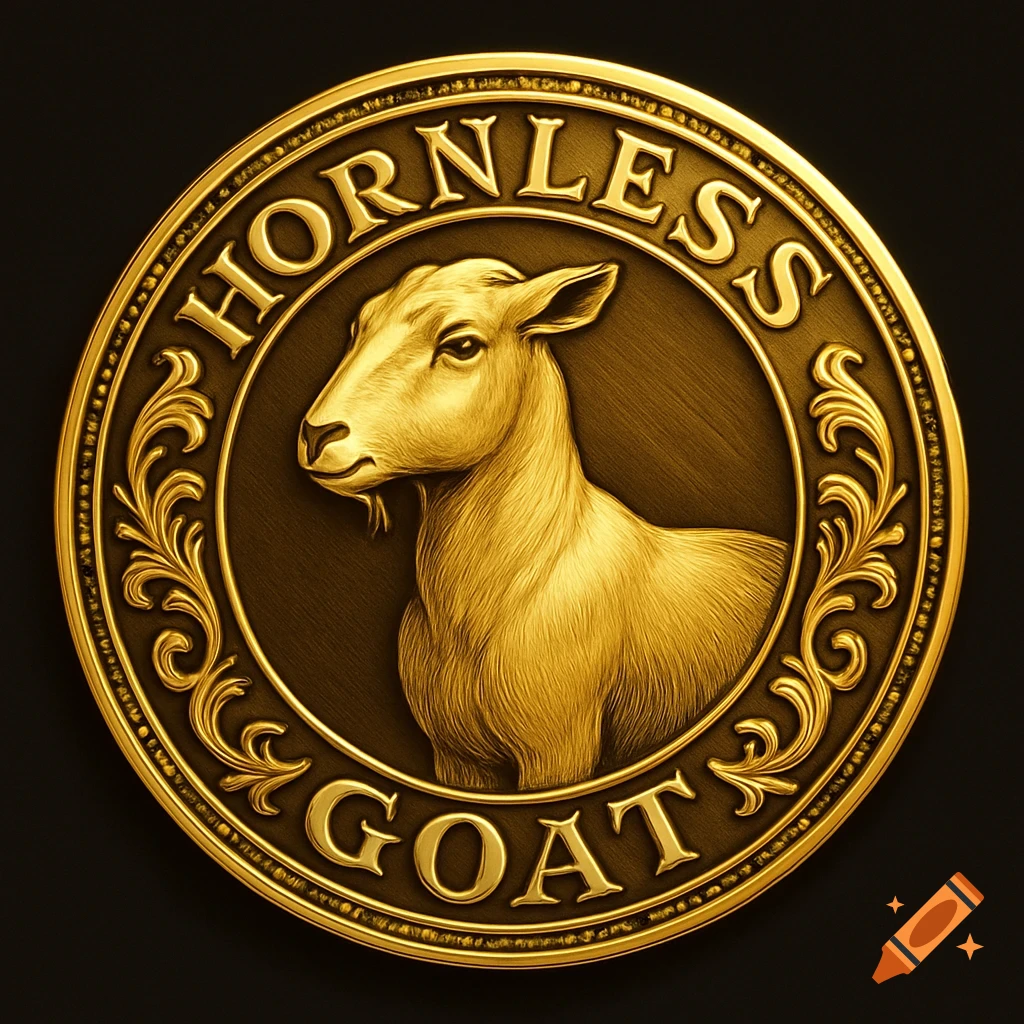 A detailed gold doubloon with a hornless goat embossed in the center, and 'HORNLESS GOAT' text around the edge, all in gold against a dark background.