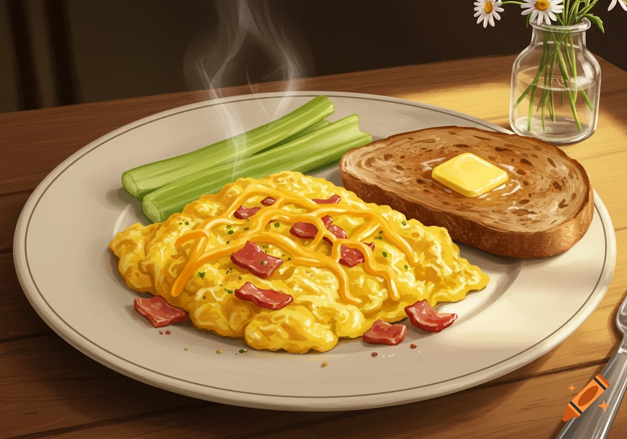 An illustration of a breakfast plate with steaming scrambled eggs, bacon, cheese, celery, toast with butter, and daisies.