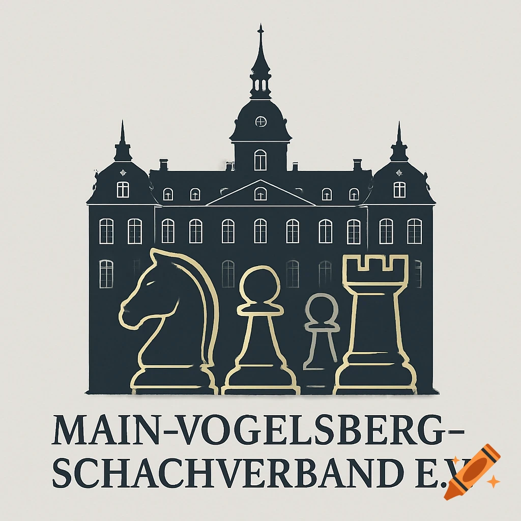 A stylized logo for 'Main-Vogelsberg-Schachverband e.V.' featuring a dark silhouette of a building and golden chess pieces (knight, pawn, rook) on a light background.