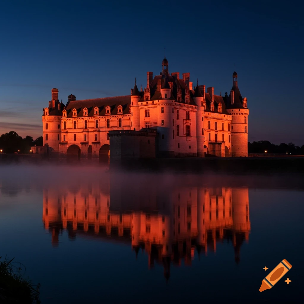 Chenonceau Castle dramatically lit in red-orange at night, reflecting in a misty river under a dark blue sky.