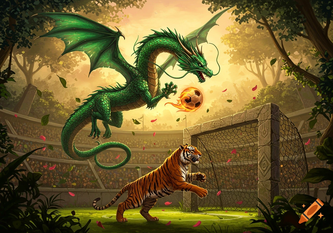 A green winged dragon attempts to score a flaming soccer ball against a tiger goalkeeper in a jungle stadium at sunset. Detailed fantasy art.