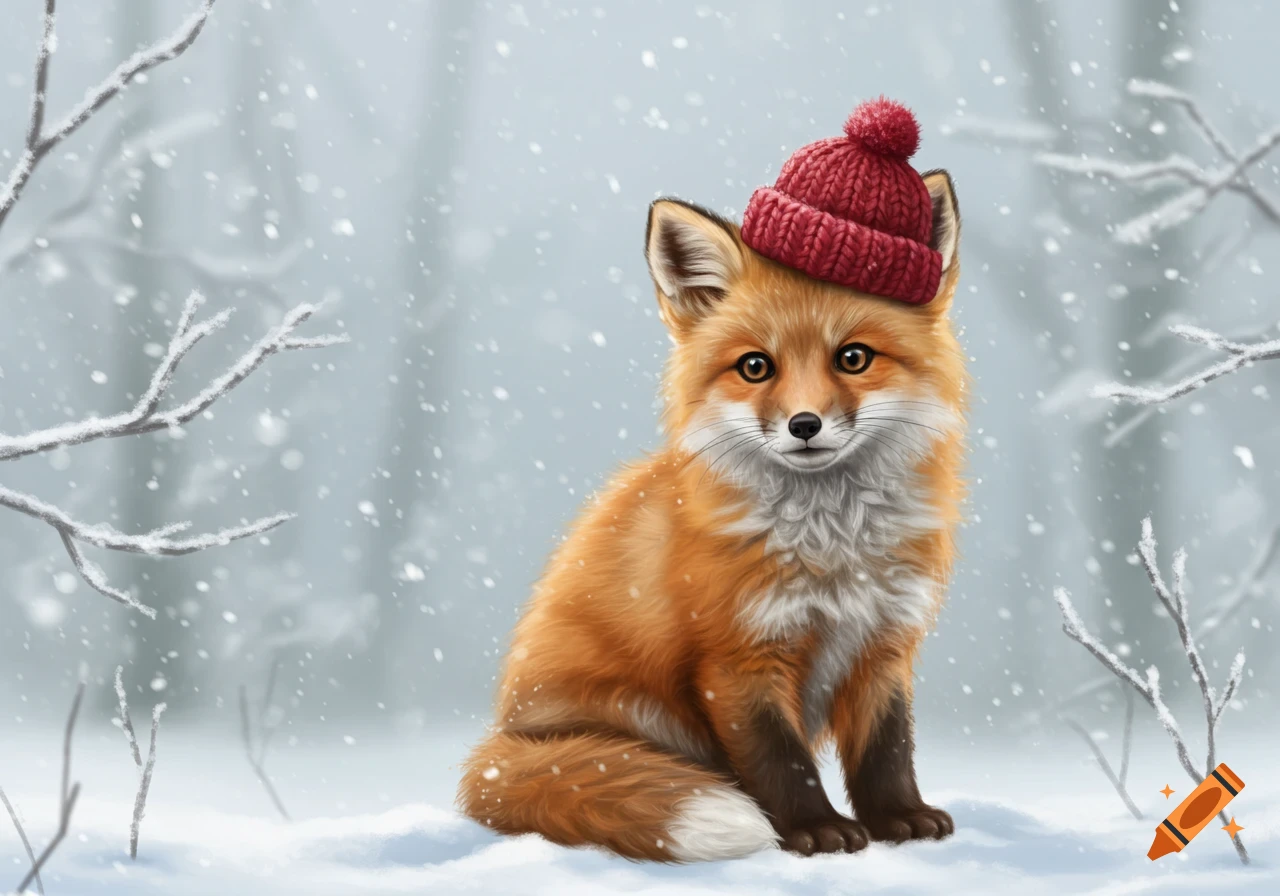 A cute red fox wearing a knitted red hat sits in a snowy winter forest, digital art.