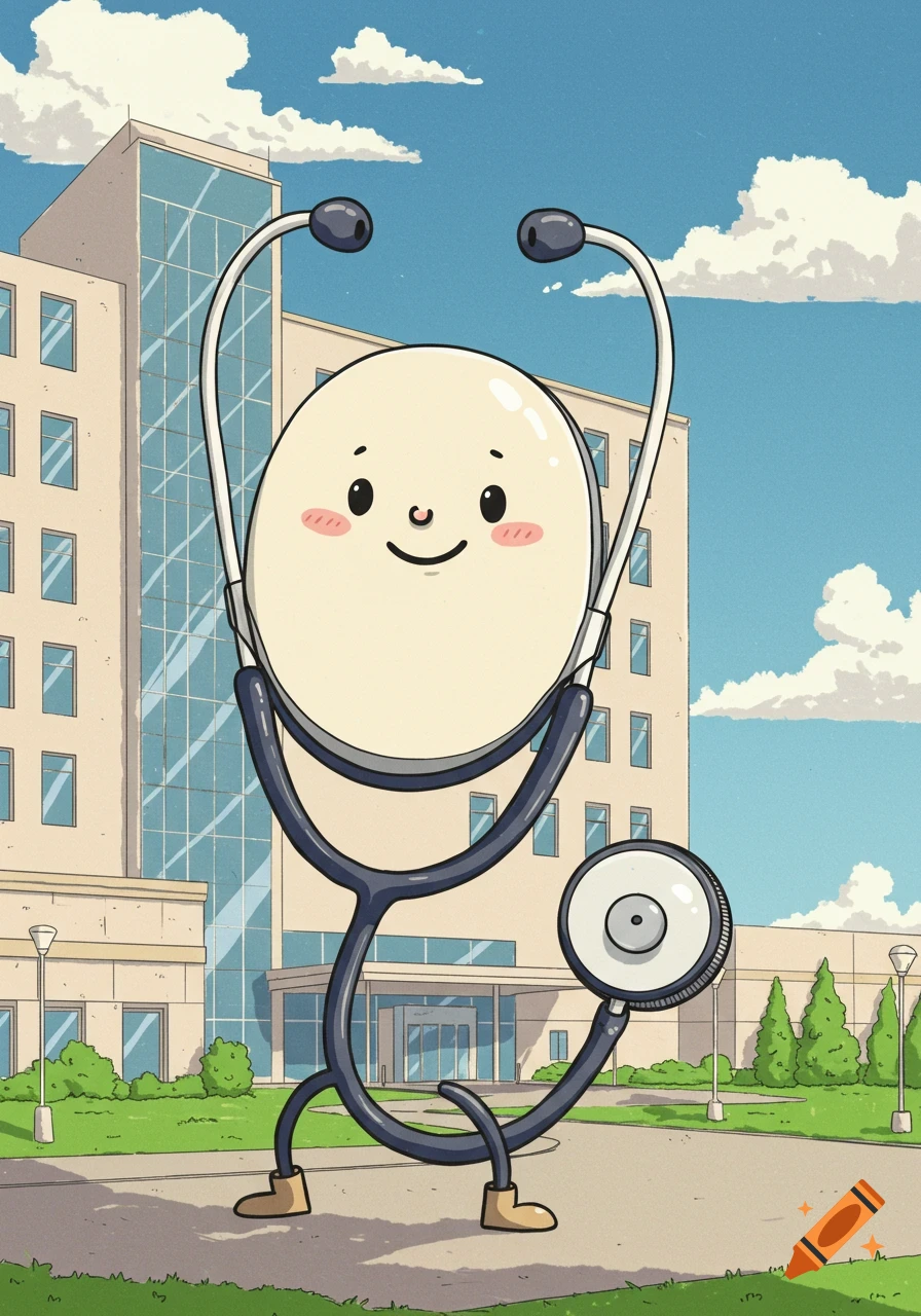 Cartoon illustration of a smiling stethoscope character with legs standing in front of a hospital building.