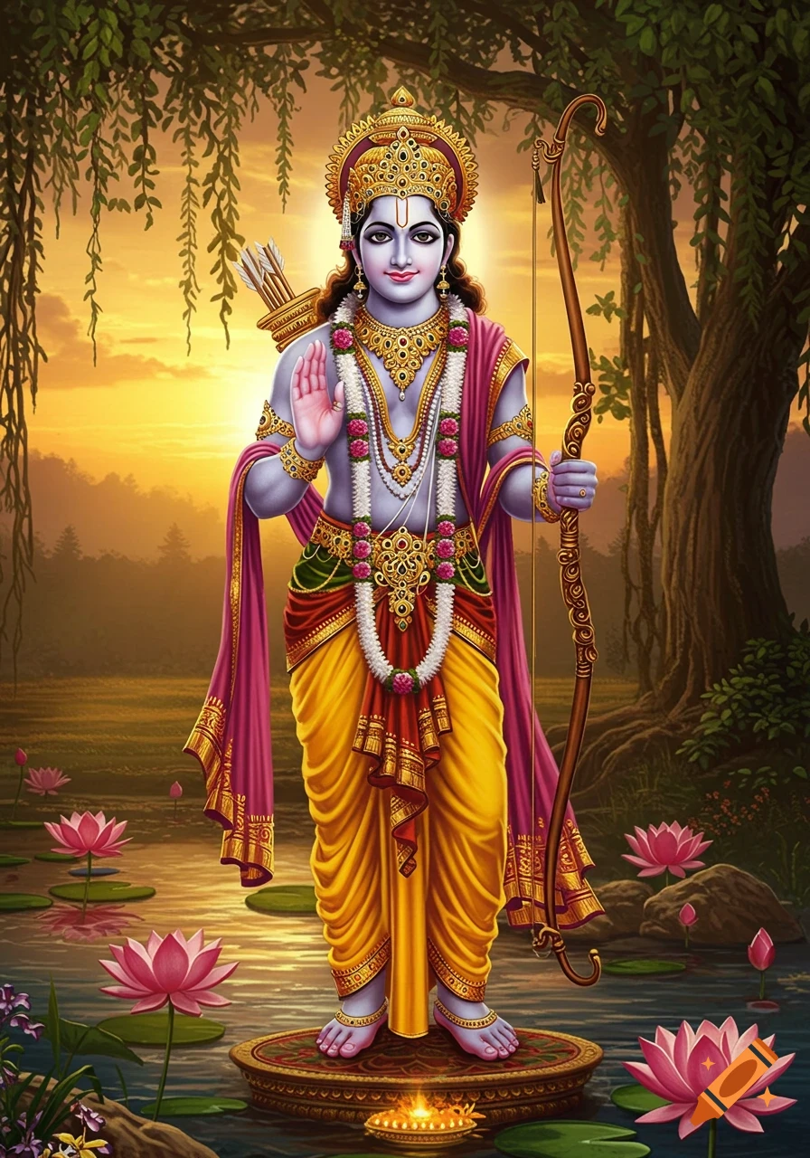 Lord Rama, a Hindu deity, stands adorned with jewels, holding a bow, in a serene natural setting with water lilies at sunset. Art style.
