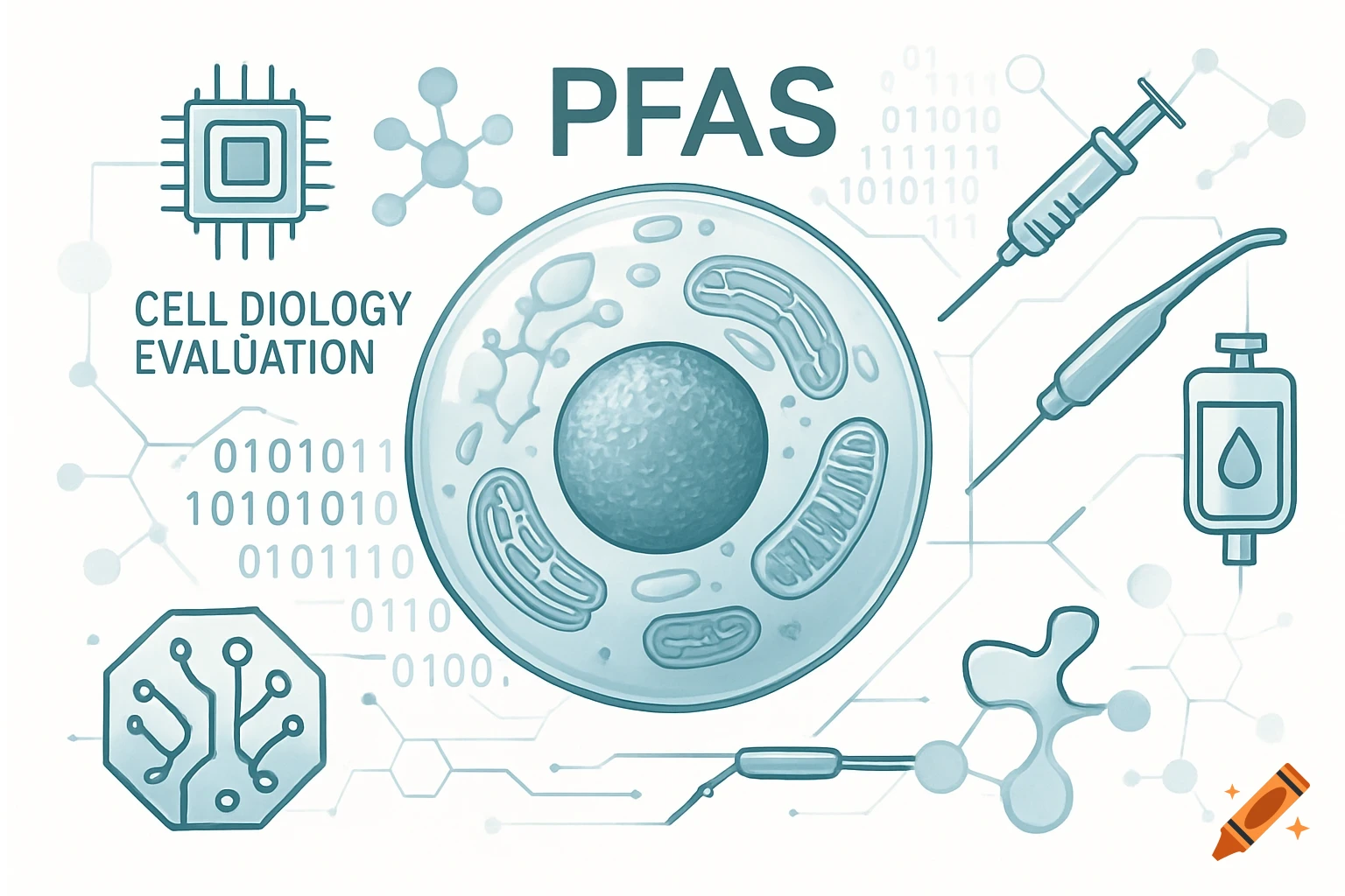 Stylized illustration of a cell with medical and tech icons: syringe, IV, chip, binary. Text 'PFAS', 'CELL DIOLOGY EVALUATION'.