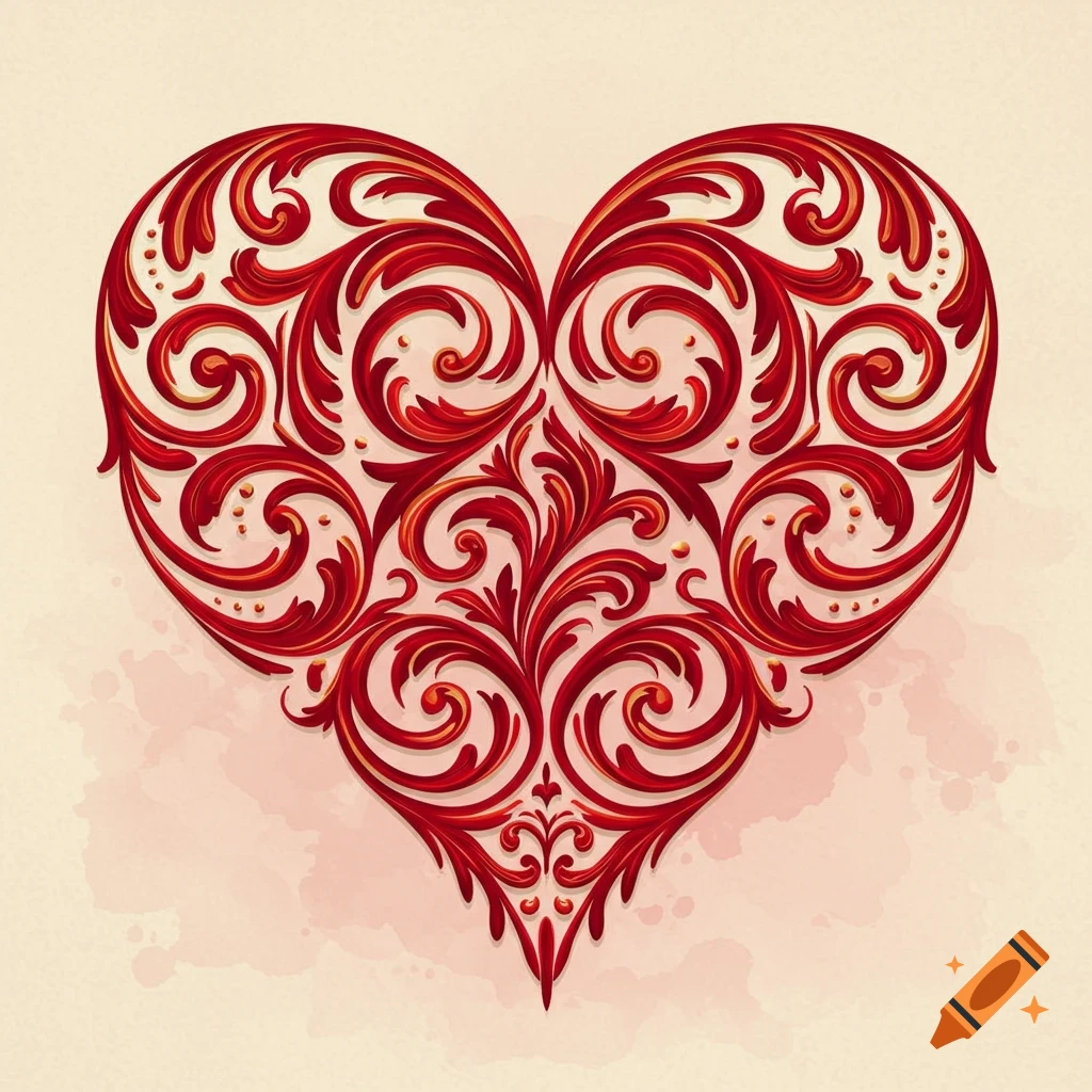 Intricate red and gold calligraphic heart design on a light background.
